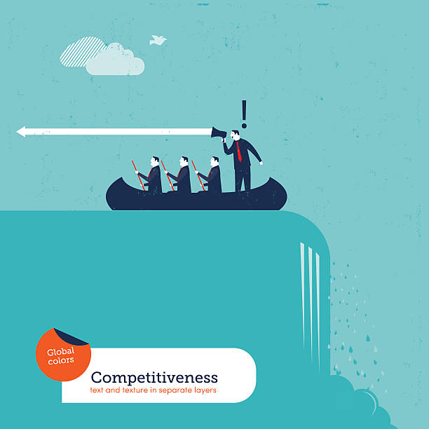 Leader in a boat avoiding to fall in a waterfall vector art illustration