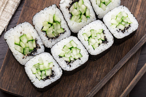 istock Sushi rolls with cucumber and sesame seed 527659049