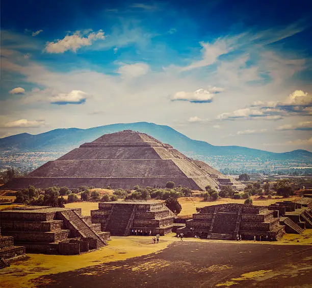 Vintage retro hipster style travel image of travel Mexico background - Ancient Pyramid of the Sun. Teotihuacan. Mexico
