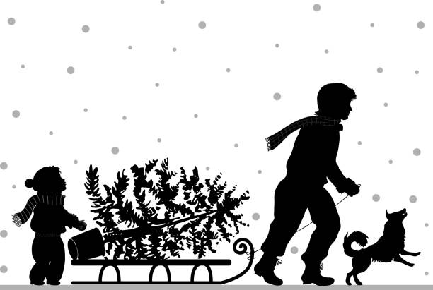 bildbanksillustrationer, clip art samt tecknat material och ikoner med christmass tree - children tree christmas silhouette