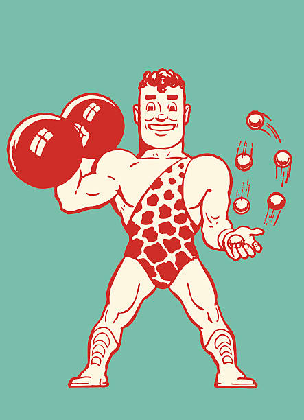 starker mann gewichtheben eine langhantel und jonglieren - circus strongman men muscular build stock-grafiken, -clipart, -cartoons und -symbole