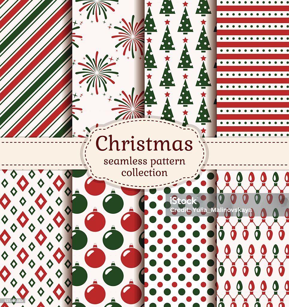 Christmas seamless patterns. Vector set. Merry Christmas and Happy New Year! Set of holiday backgrounds. Collection of seamless patterns with red, green and white colors. Vector illustration. Abstract stock vector