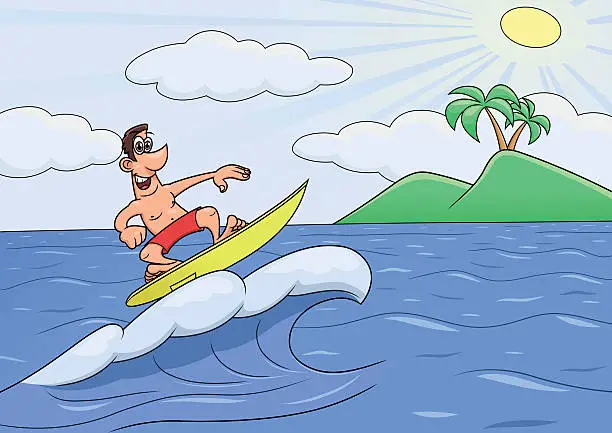 Vector illustration of Man on vocation is surfing