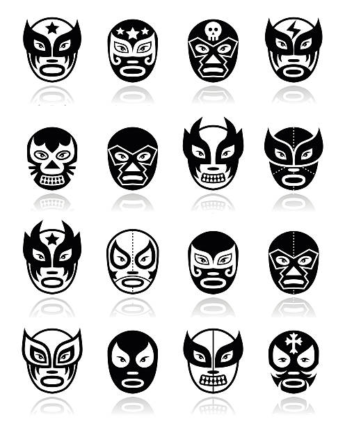 illustrazioni stock, clip art, cartoni animati e icone di tendenza di lotta libera messicana, luchador lotta libera messicana maschere icone nero - stage costume immagine