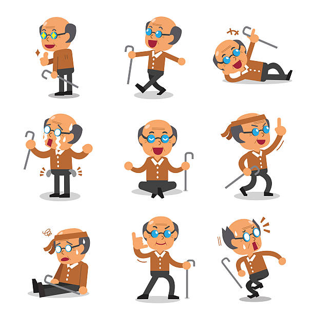 Cartoon senior man character poses Cartoon senior man character poses for design. clip art of a old man crying stock illustrations