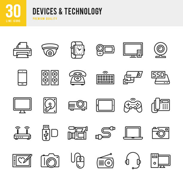 urządzenia & technologii zestaw ikon linia cienka - audio electronics stock illustrations