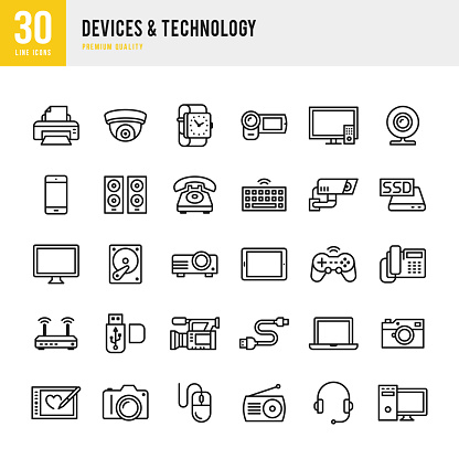 Devices & Technology set of 30 thin line vector icons.