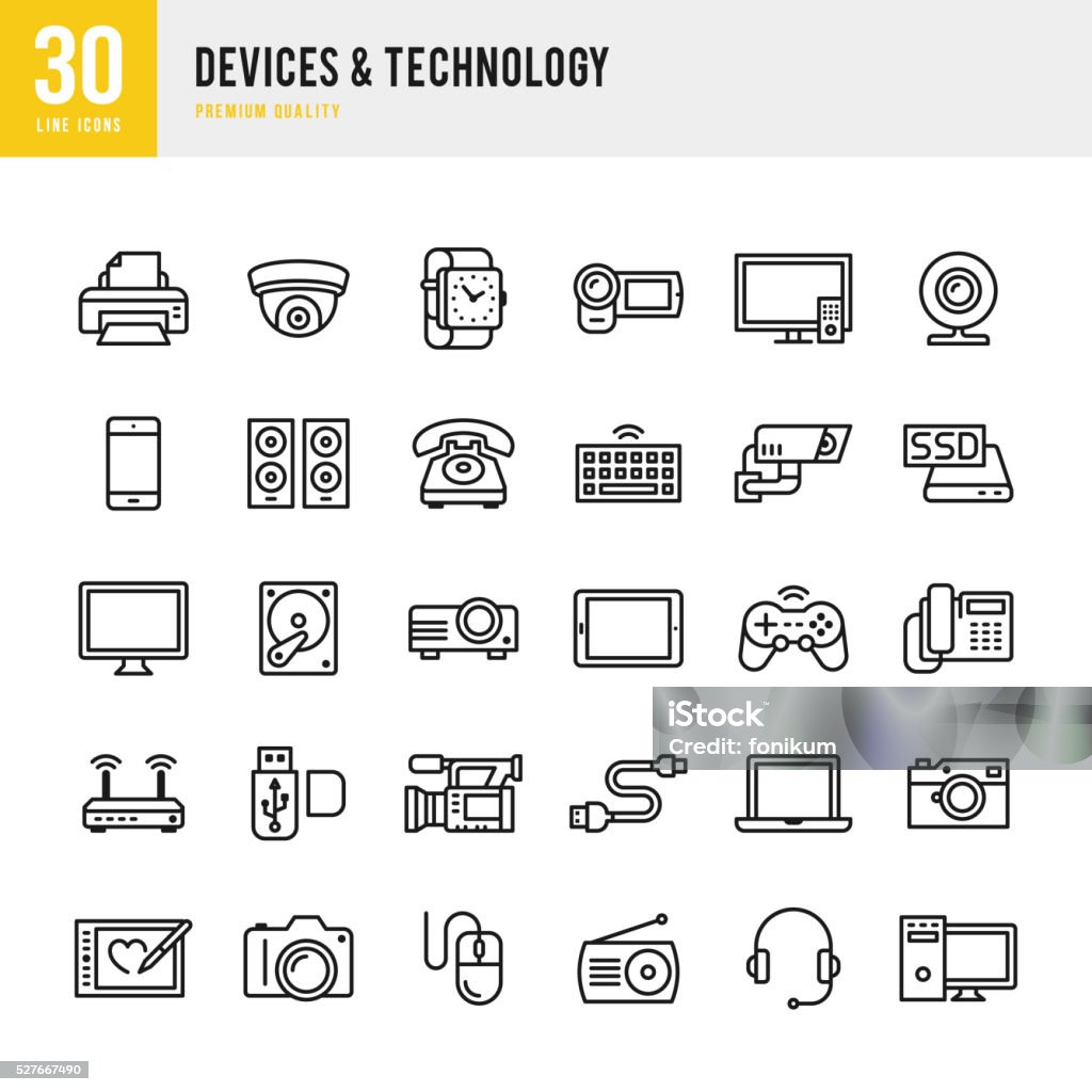 Devices & Technology - Thin Line Icon Set Devices & Technology set of 30 thin line vector icons. Icon stock vector