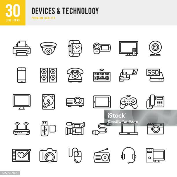 Devices Technology Thin Line Icon Set Stock Illustration - Download Image Now - Icon, Home Video Camera, Webcam