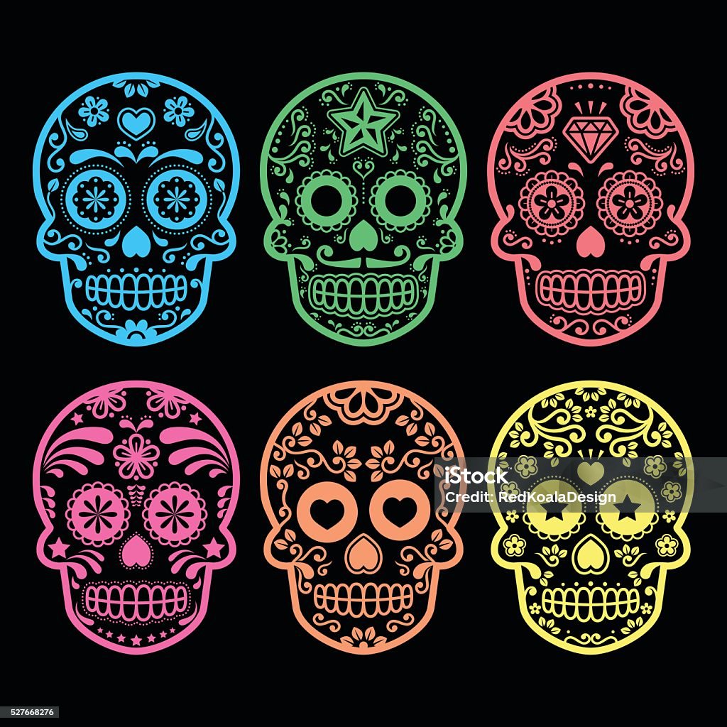 Mexican sugar skull, Dia de los Muertos icons on black Vector icon set of decorated skull in color - tradition in Mexico, icons isolated on black Day Of The Dead stock vector