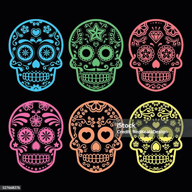 Mexican Sugar Skull Dia De Los Muertos Icons On Black Stock Illustration - Download Image Now