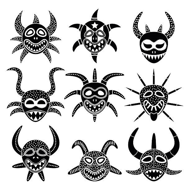 Vejigante mask for Ponce Carnival in Puerto Rico black icons Vector icons set of Puerto Rican carnival masks isolated on white  puerto rican culture stock illustrations