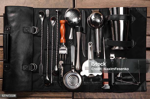 Set Of Barman Equipment In Case Stock Photo - Download Image Now - Bartender, Backgrounds, Citrus Fruit