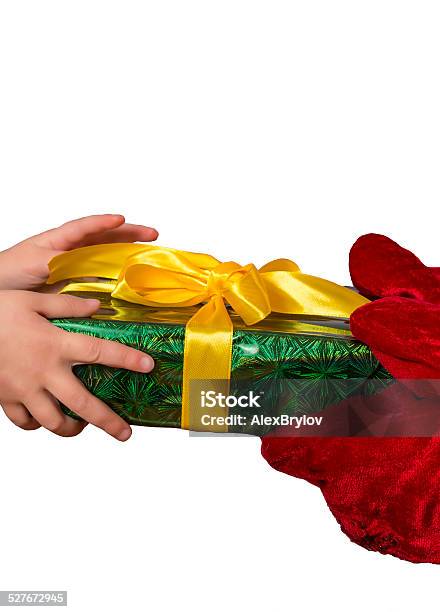 Satna Passes The Gift To The Hands Of Child Stock Photo - Download Image Now - Box - Container, Celebration, Christmas