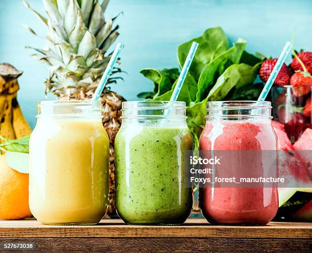 Freshly Blended Fruit Smoothies Of Various Colors And Tastes Stock Photo - Download Image Now