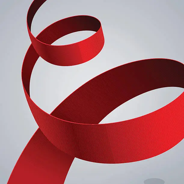 Vector illustration of Red fabric curved ribbon on grey background