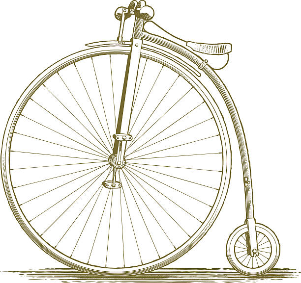 Woodcut Vintage Bicycle Drawing This sepia-toned vintage-looking woodcut-style vector illustration shows a penny farthing. This old bicycle drawing works well for transportation and general vintage design needs. This illustration was created in scratch board style. penny farthing bicycle stock illustrations