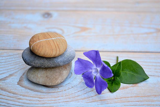 istock Three Zen stones with flower on used wood 527675755