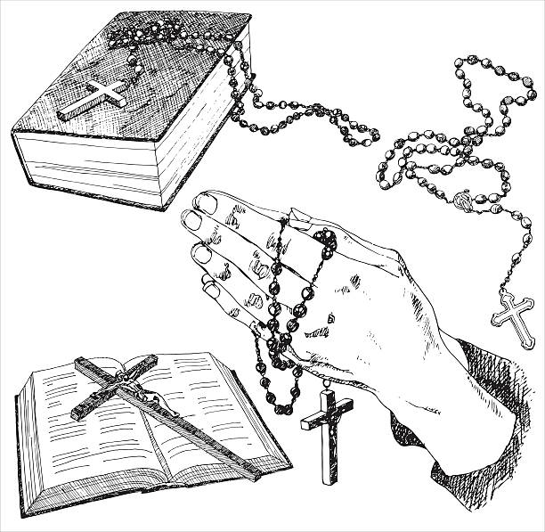 руки drawn кристиан организма. - church symbol rosary beads christianity stock illustrations