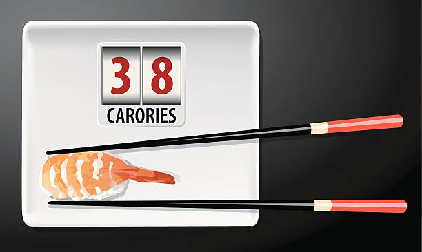 ilustraciones, imágenes clip art, dibujos animados e iconos de stock de vector de camarones niguiri calorías - niguiri sushi