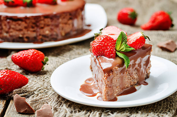 istock milk chocolate cheesecake with milk chocolate icing and strawberries 527677198