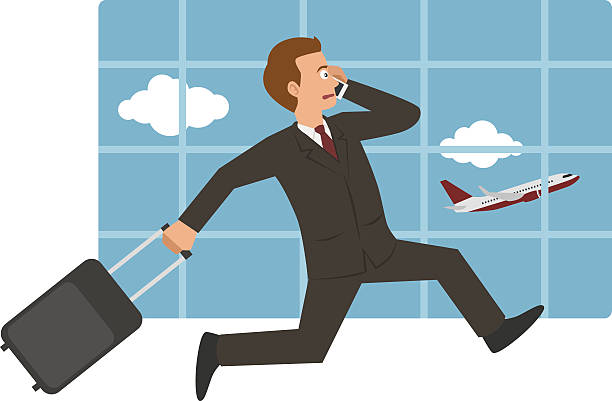 businessman with suitcase running to catch plane vector art illustration