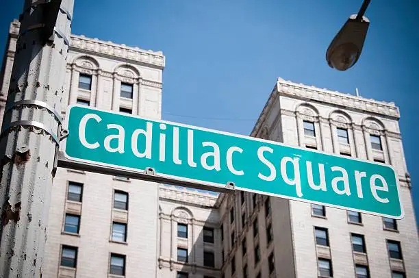 Cadillac Square in downtown Detroit with part of the Wayne County Building in the background.