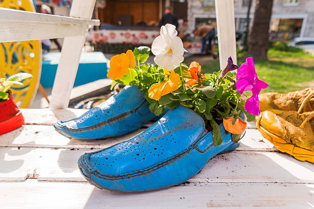 Funny street decorations - painted old boots with plants and flowers inside. Shoes used like flower pots. Moscow, Russia.