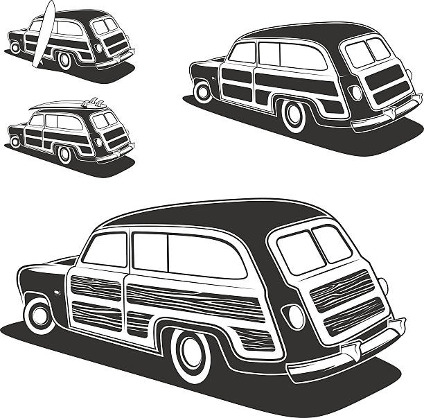 surfbrett woodie waggon auto isoliert. - woodie stock-grafiken, -clipart, -cartoons und -symbole