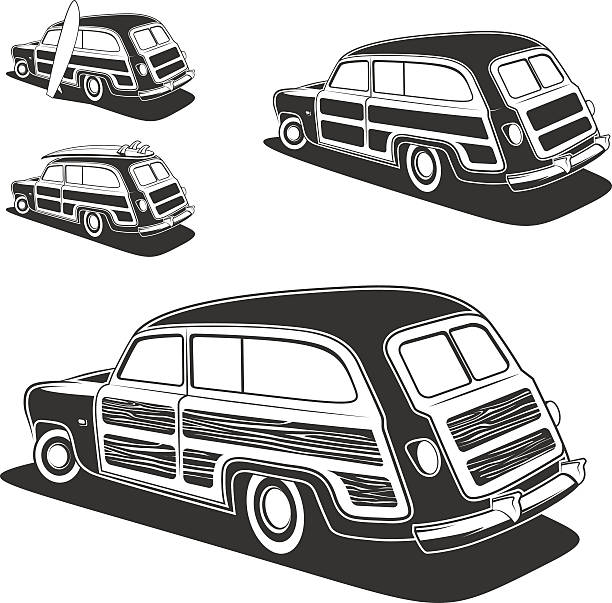 illustrazioni stock, clip art, cartoni animati e icone di tendenza di tavola da surf woodie auto di fascia station vagone isolato. - station wagon