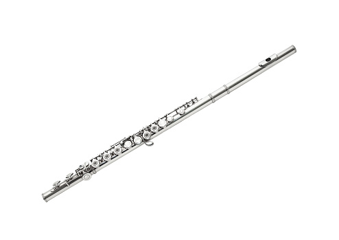 Western concert flute transverse woodwind metal musical instrument studio shot isolated on a white background. The flute has some patina marks.