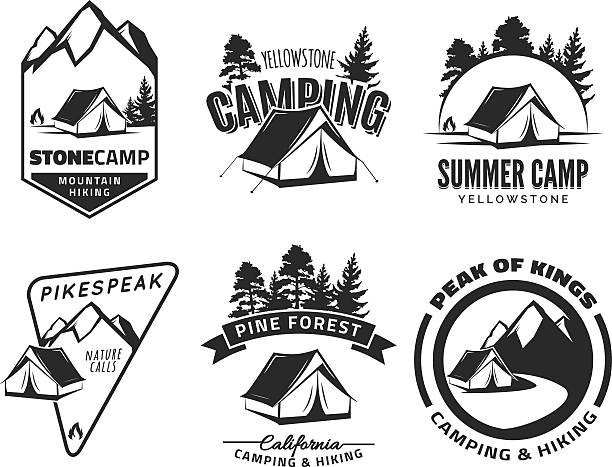 Set of vintage camping and outdoor adventure emblems. Set of vintage camping and outdoor adventure emblems and badges. Tent in forest or mountains. Camping equipment. Vector. wilderness area stock illustrations