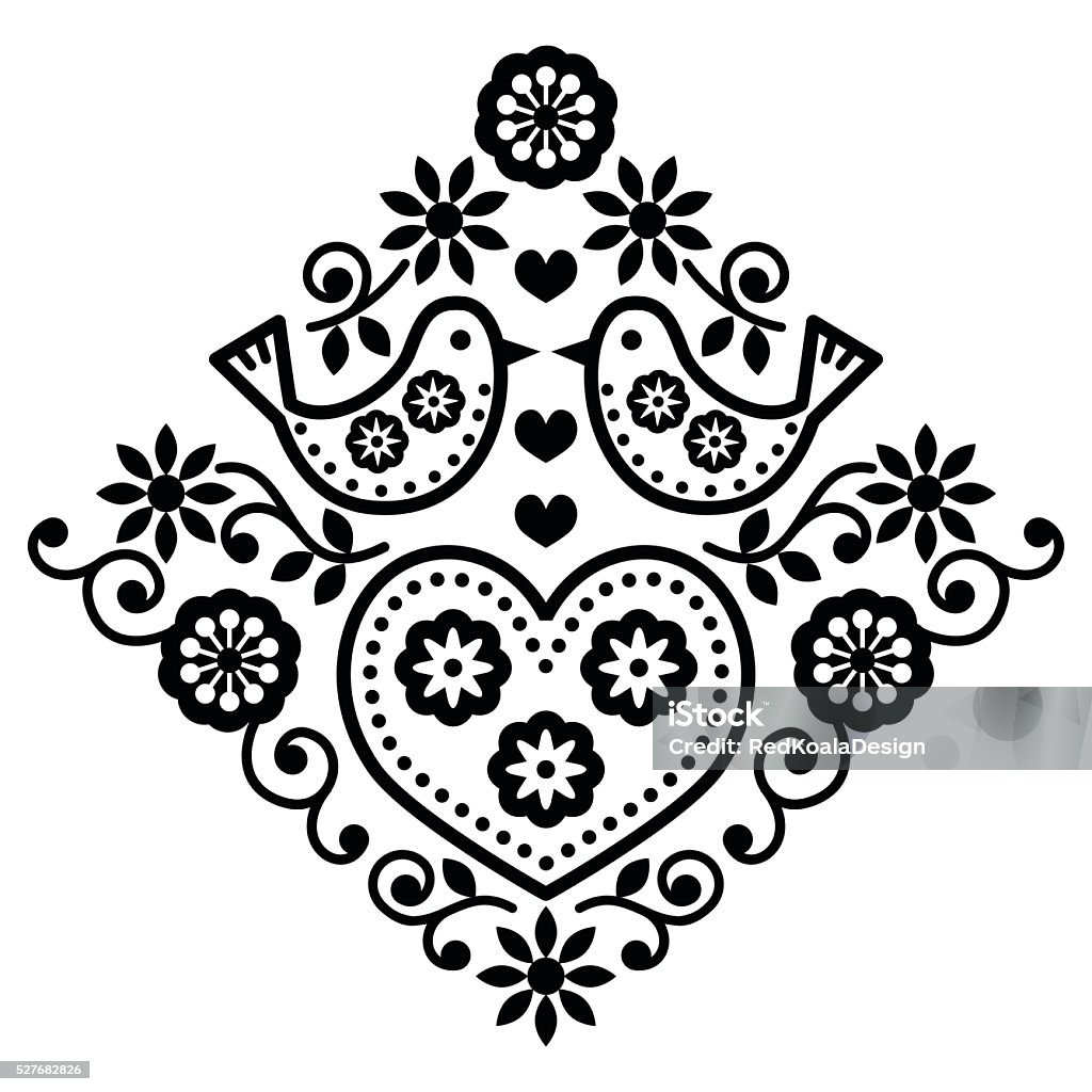 Folk art floral black vector pattern with birds Folk monochrome design with flowers isolated on white Black And White stock vector