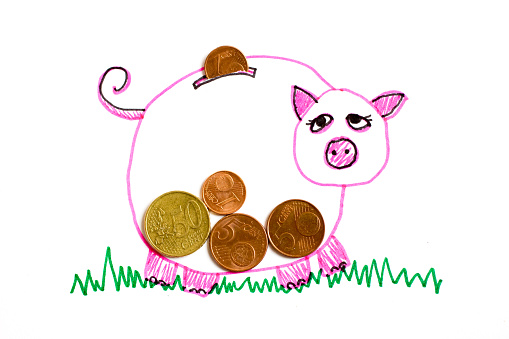 Photographed of a drawing of a sad pink Piggy Bank on grass with real copper Five, One and Fifty Euro coins inside. Drawing by contributor.