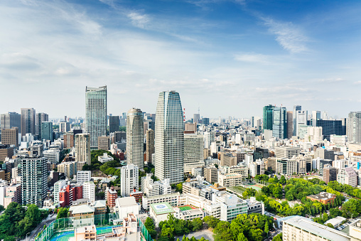 Tokyo's skyscrapers and cityscape with some green parks, Japan.
