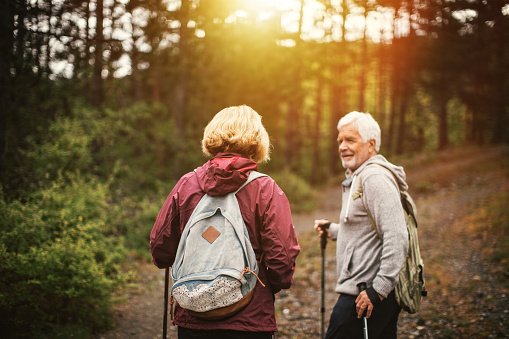 Photo of a senior couple, hiking through the forest and exploring nature