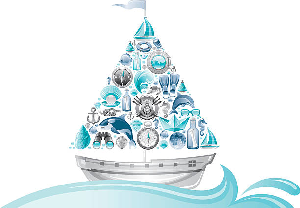 ilustrações, clipart, desenhos animados e ícones de conjunto de ícones de vela de barco com ondas - fishing industry fishing nautical vessel buoy