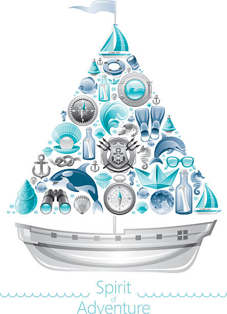 żeglarstwo zestaw ikon w łodzi - fishing industry fishing nautical vessel buoy stock illustrations