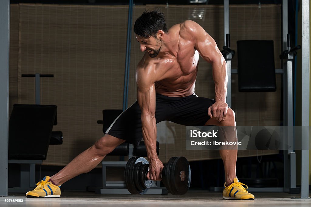 Challenge Yourself Fit Athlete Lifting Heavy Dumbbell Abdominal Muscle Stock Photo