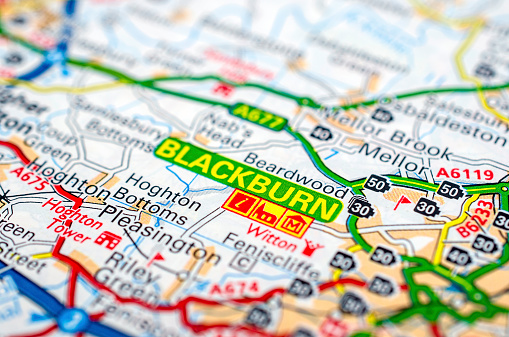 Blackburn in England on a road map