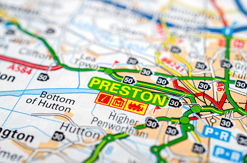 Preston in England on a road map