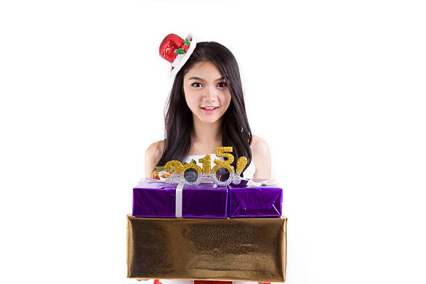 Woman with Christmas Gift Box isolated on white background