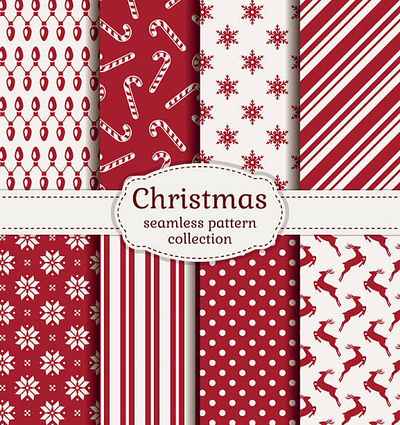 Christmas seamless patterns. Vector set. Merry Christmas and Happy New Year! Set of winter holiday backgrounds. Collection of seamless patterns with red and white colors. Vector illustration. candy cane striped stock illustrations