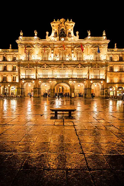 Famous Plaza Mayor in Salamanca at night, Castilla y Leon, Spain.