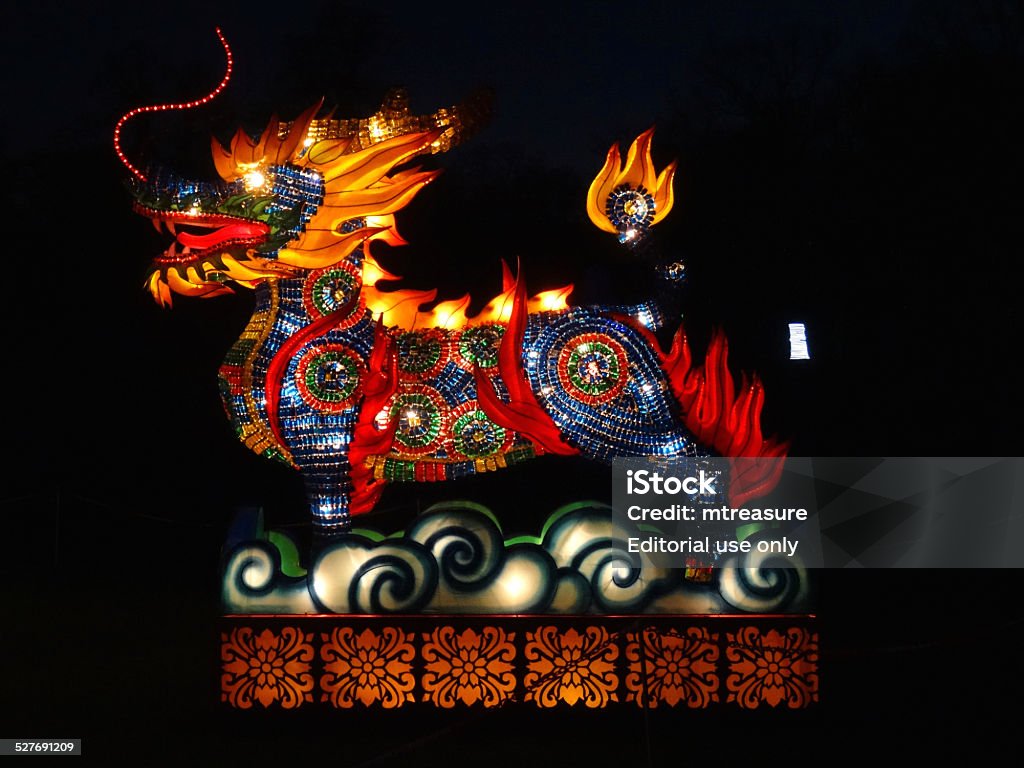 Chinese Lantern Festival lights image, illuminated Chinese dragon, bright colours Frome, Somerset, England, UK - December, 6 2014: Seasonal concept photo showing a magical Chinese-style dragon at night. The oriental model was recreated using a wooden frame work covered in coloured canvas / vibrant fabrics and lit by low voltage light bulbs; as part of a display in a Chinese Festival of Lights. China - East Asia Stock Photo