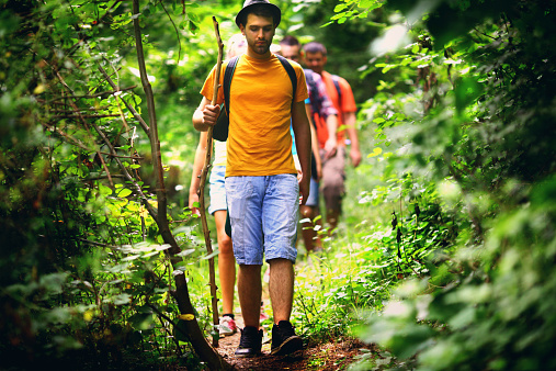 Medium group of late 20's caucasian people hiking through forest. Walking in row over dirt footpath. Man in yellow t-shirt and jeans shorts is in focus.