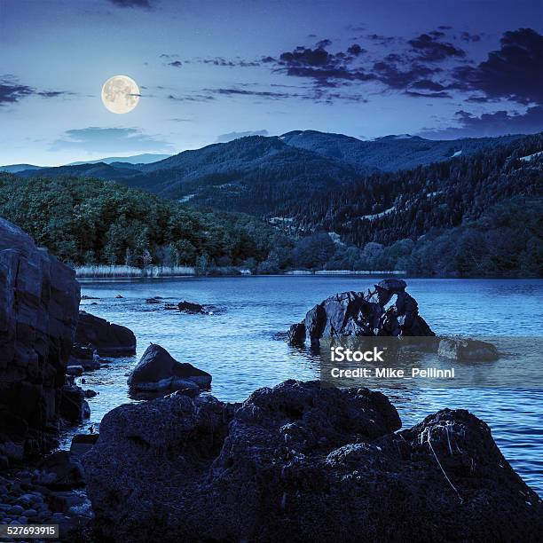 Lake Shore With Stones Near Forest On Mountain At Night Stock Photo - Download Image Now