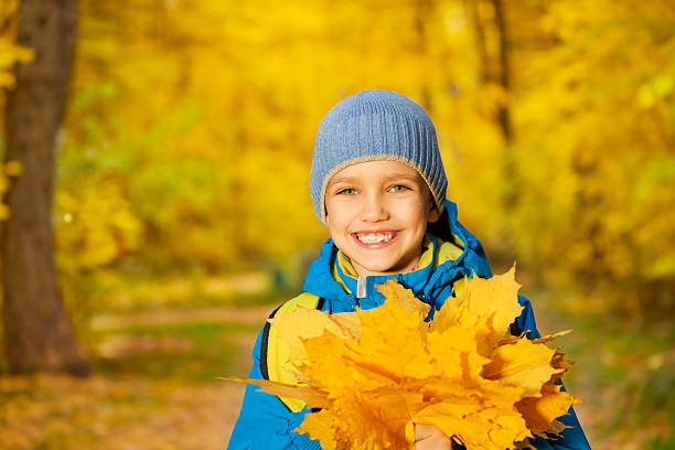 istock Portrait of small boy with yellow maple leaves 527695405