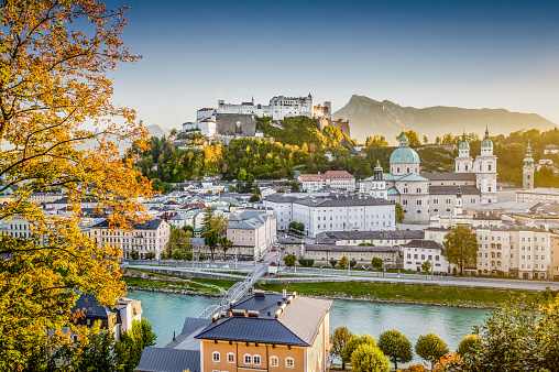 Historic city of Salzburg at sunset in fall, Austria