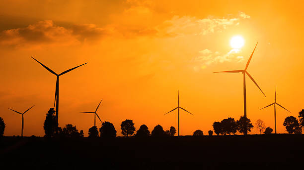 Electric wind turbines farm silhouettes on sun background stock photo